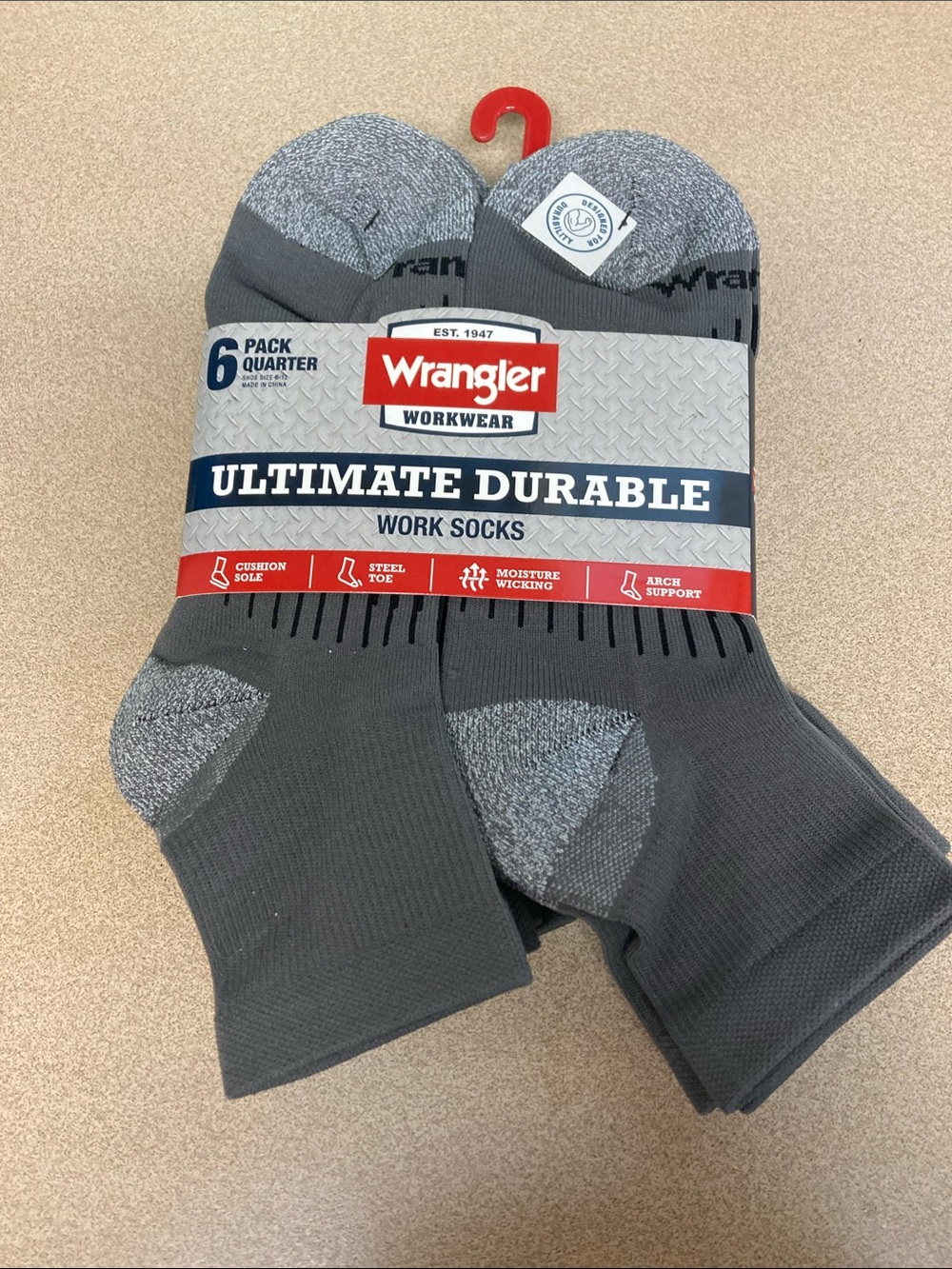 Wrangler Gray Workwear Ultimate Durable Quarter Socks - 6 Pack